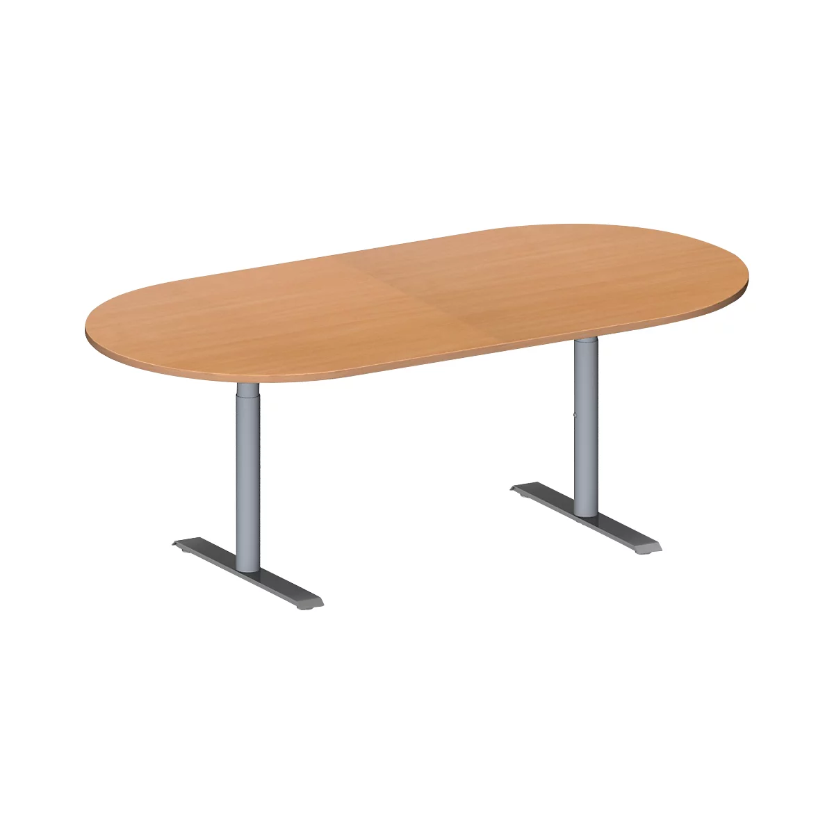 Schäfer Shop Genius Mesa de reuniones MODENA FLEX, ajustable en altura, sin cuadro de conexión, forma ovalada, pata en T de tubo redondo, An 2000 x P 1000 mm, acabado en haya