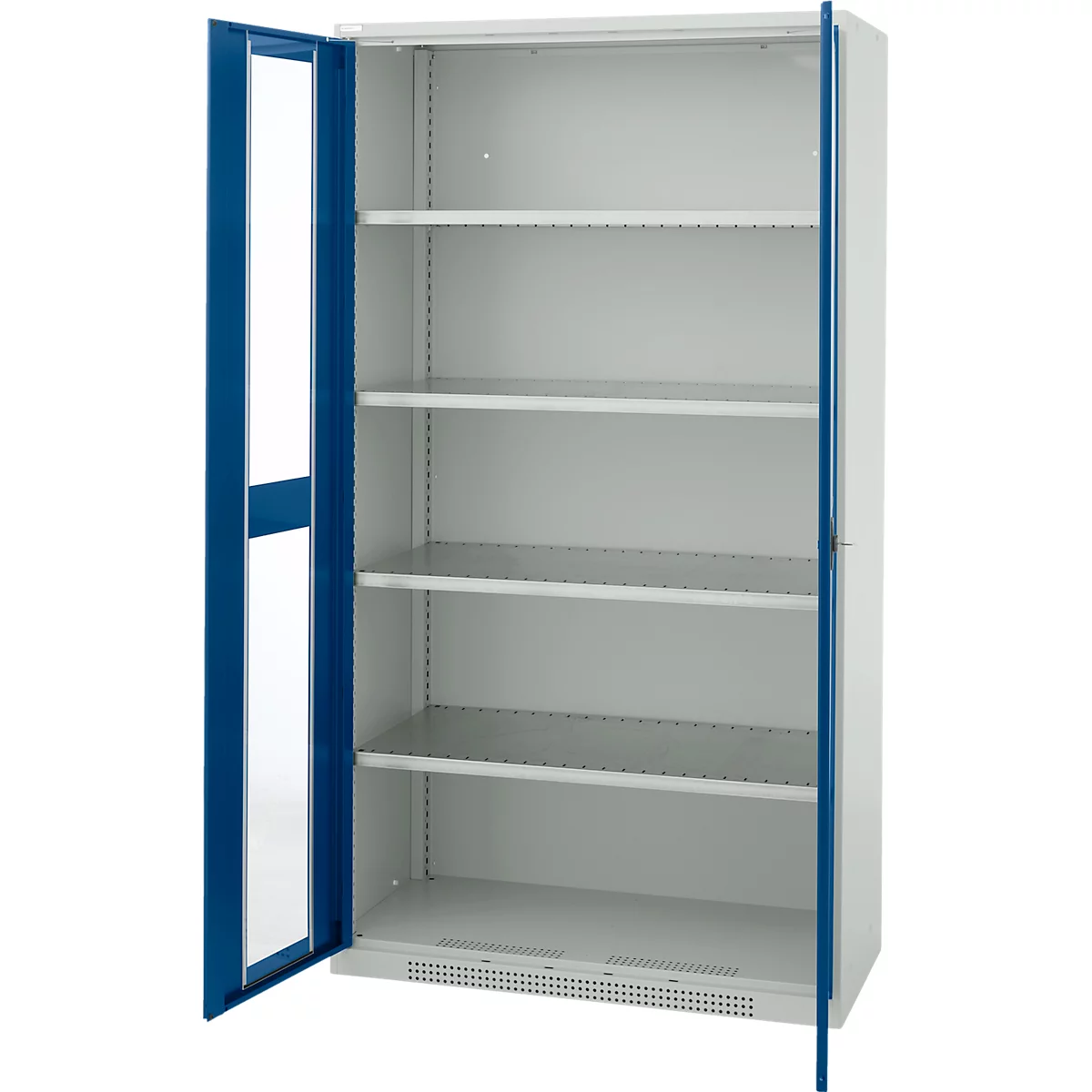 Schäfer Shop Genius metalen materiaalkast FS, met kijkvenster, ventilatiegaten, B 1055 x D 520 x H 1950 mm, 5 OH, tot 500 kg, lichtgrijs/gentiaanblauw
