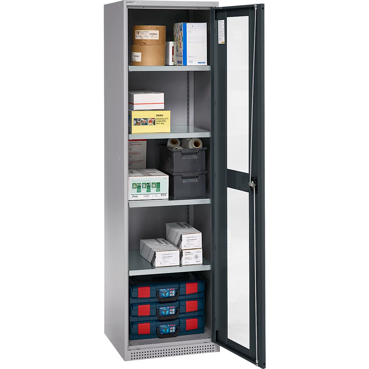 Schäfer Shop Genius metalen materiaalkast FS, met kijkvenster, ventilatiegaten, B 545 x D 520 x H 1950 mm, 5 OH, tot 250 kg, blank.alu kleurig/antraciet
