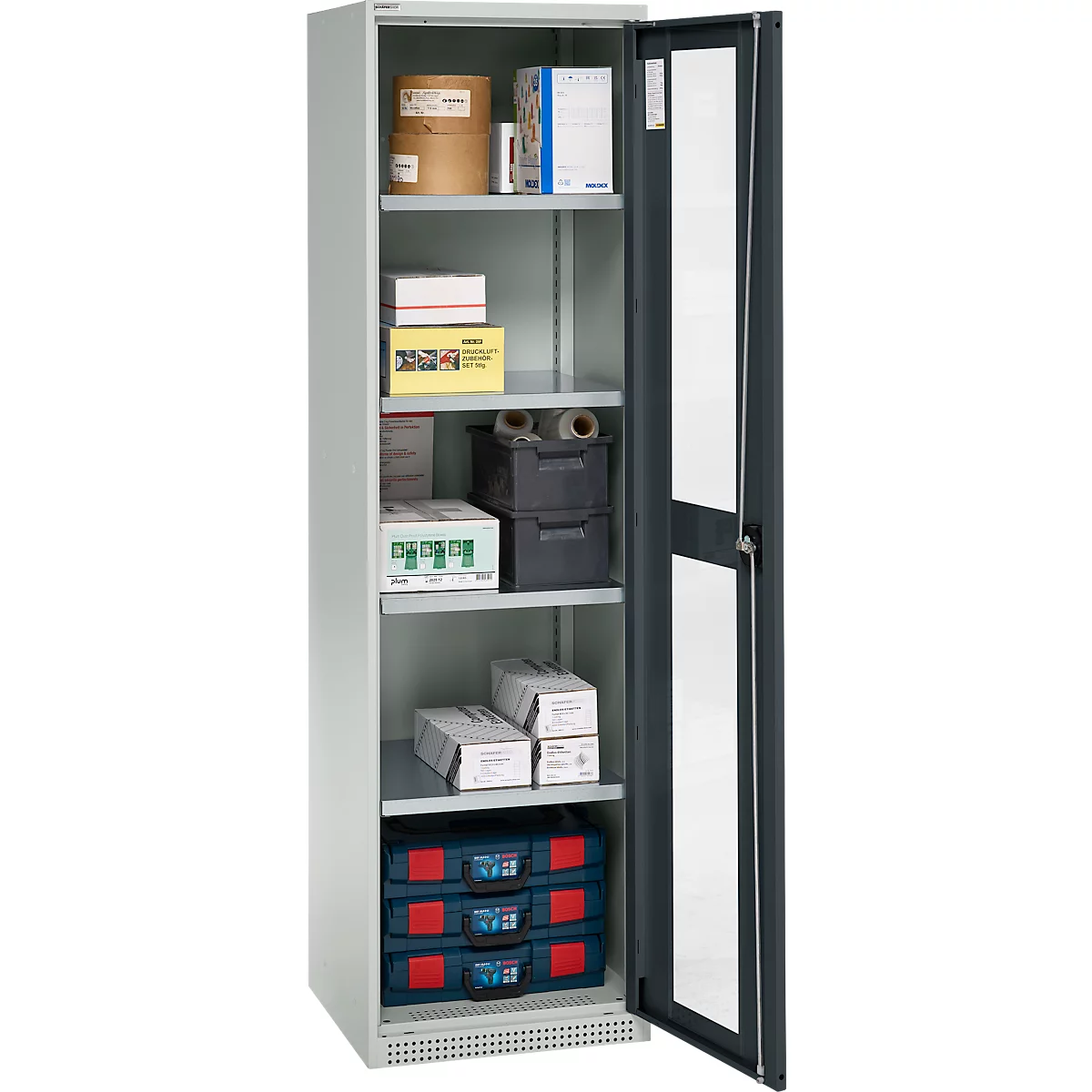 Schäfer Shop Genius metalen materiaalkast FS, met kijkvenster, ventilatiegaten, B 545 x D 520 x H 1950 mm, 5 OH, tot 250 kg, lichtgrijs/antraciet