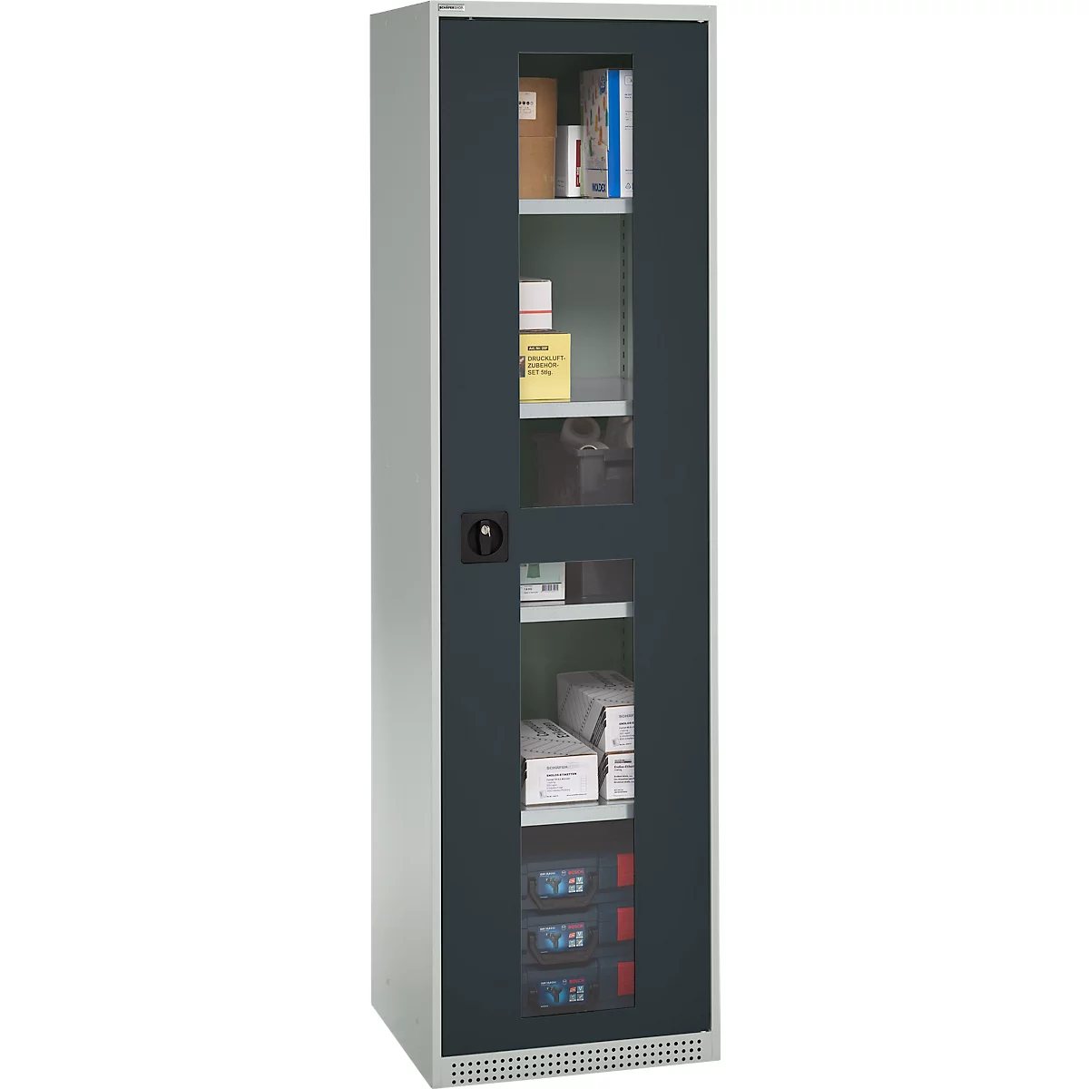 Schäfer Shop Genius metalen materiaalkast FS, met kijkvenster, ventilatiegaten, B 545 x D 520 x H 1950 mm, 5 OH, tot 250 kg, lichtgrijs/antraciet