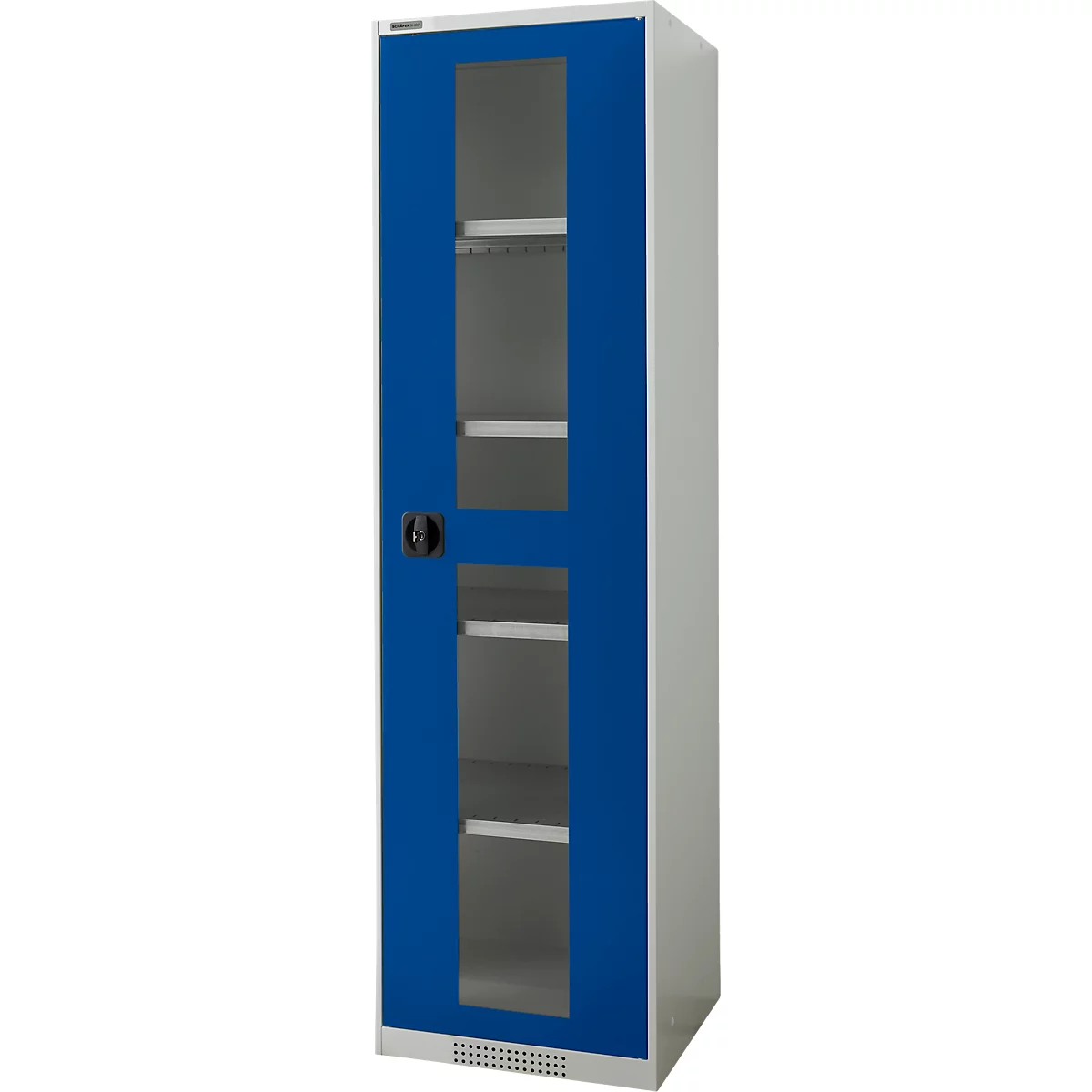 Schäfer Shop Genius metalen materiaalkast FS, met kijkvenster, ventilatiegaten, B 545 x D 520 x H 1950 mm, 5 OH, tot 250 kg, lichtgrijs/gentiaanblauw