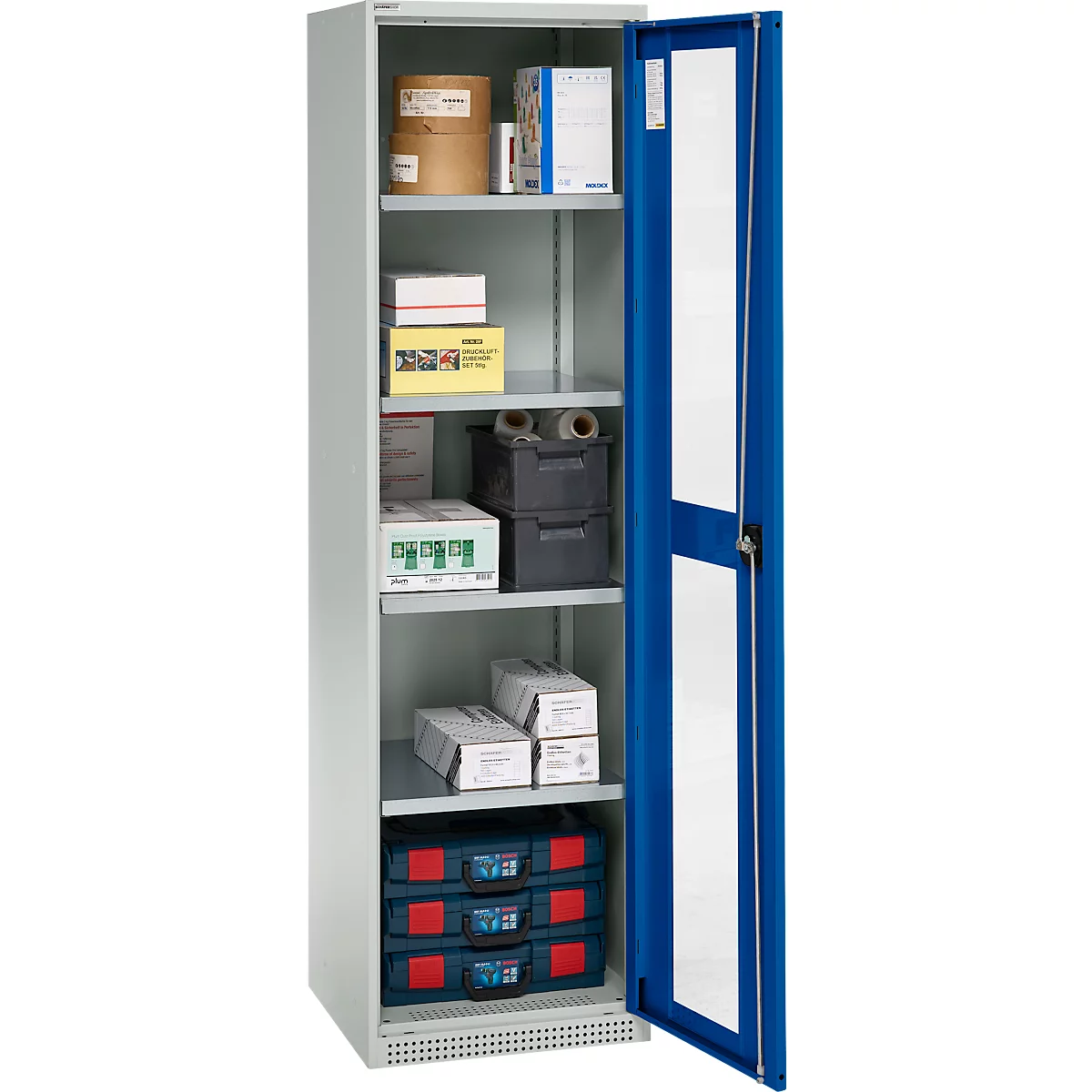 Schäfer Shop Genius metalen materiaalkast FS, met kijkvenster, ventilatiegaten, B 545 x D 520 x H 1950 mm, 5 OH, tot 250 kg, lichtgrijs/gentiaanblauw