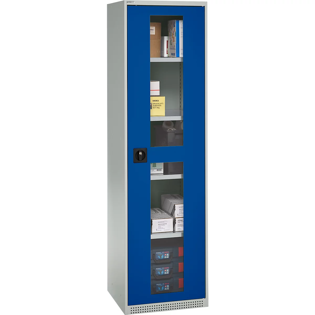 Schäfer Shop Genius metalen materiaalkast FS, met kijkvenster, ventilatiegaten, B 545 x D 520 x H 1950 mm, 5 OH, tot 250 kg, lichtgrijs/gentiaanblauw
