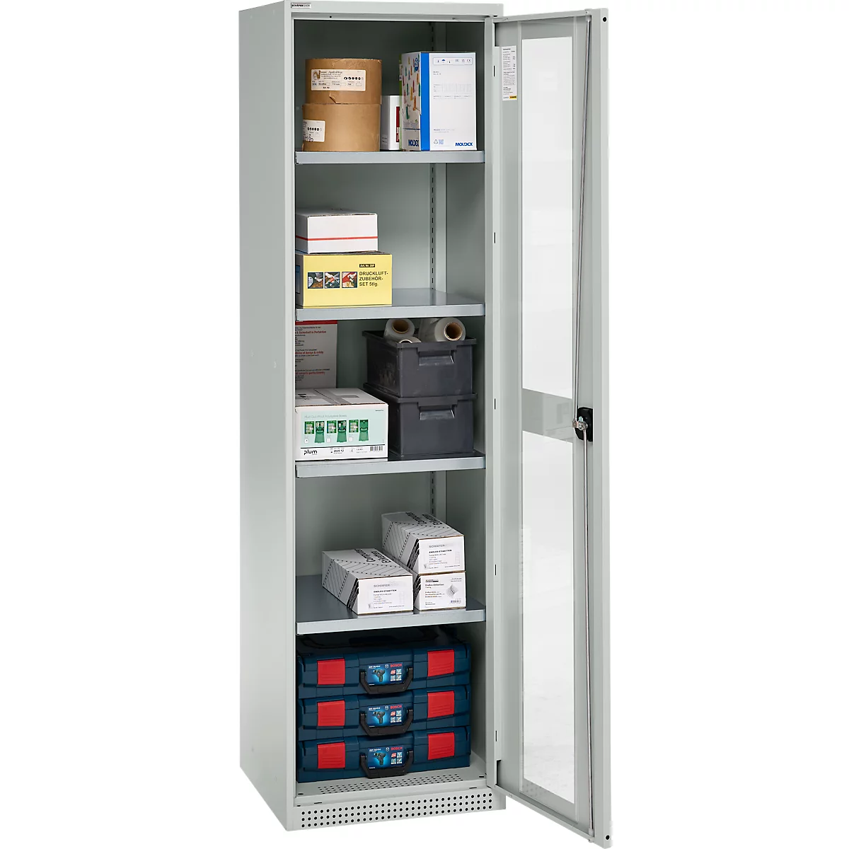 Schäfer Shop Genius metalen materiaalkast FS, met kijkvenster, ventilatiegaten, B 545 x D 520 x H 1950 mm, 5 OH, tot 250 kg, lichtgrijs/lichtgrijs