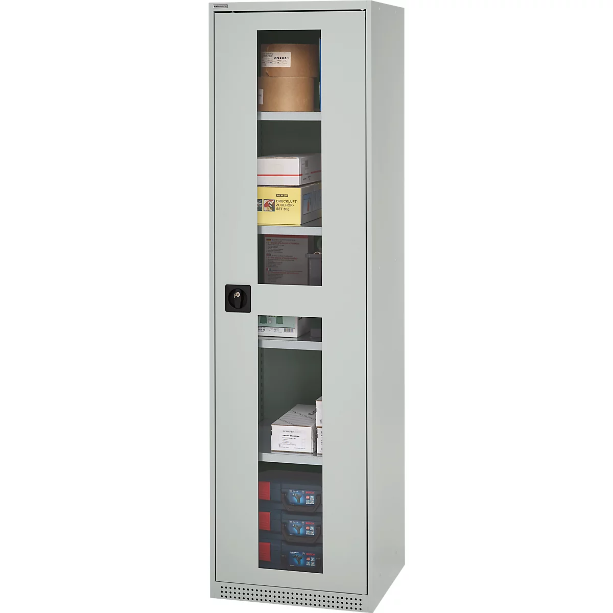 Schäfer Shop Genius metalen materiaalkast FS, met kijkvenster, ventilatiegaten, B 545 x D 520 x H 1950 mm, 5 OH, tot 250 kg, lichtgrijs/lichtgrijs