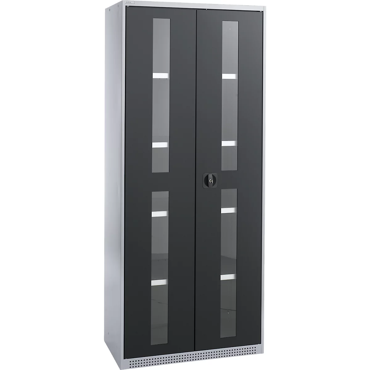 Schäfer Shop Genius metalen materiaalkast FS, met kijkvenster, ventilatiegaten, B 810 x D 520 x H 1950 mm, 5 OH, tot 300 kg, blank alu.kleurig/blank alu.kleurig
