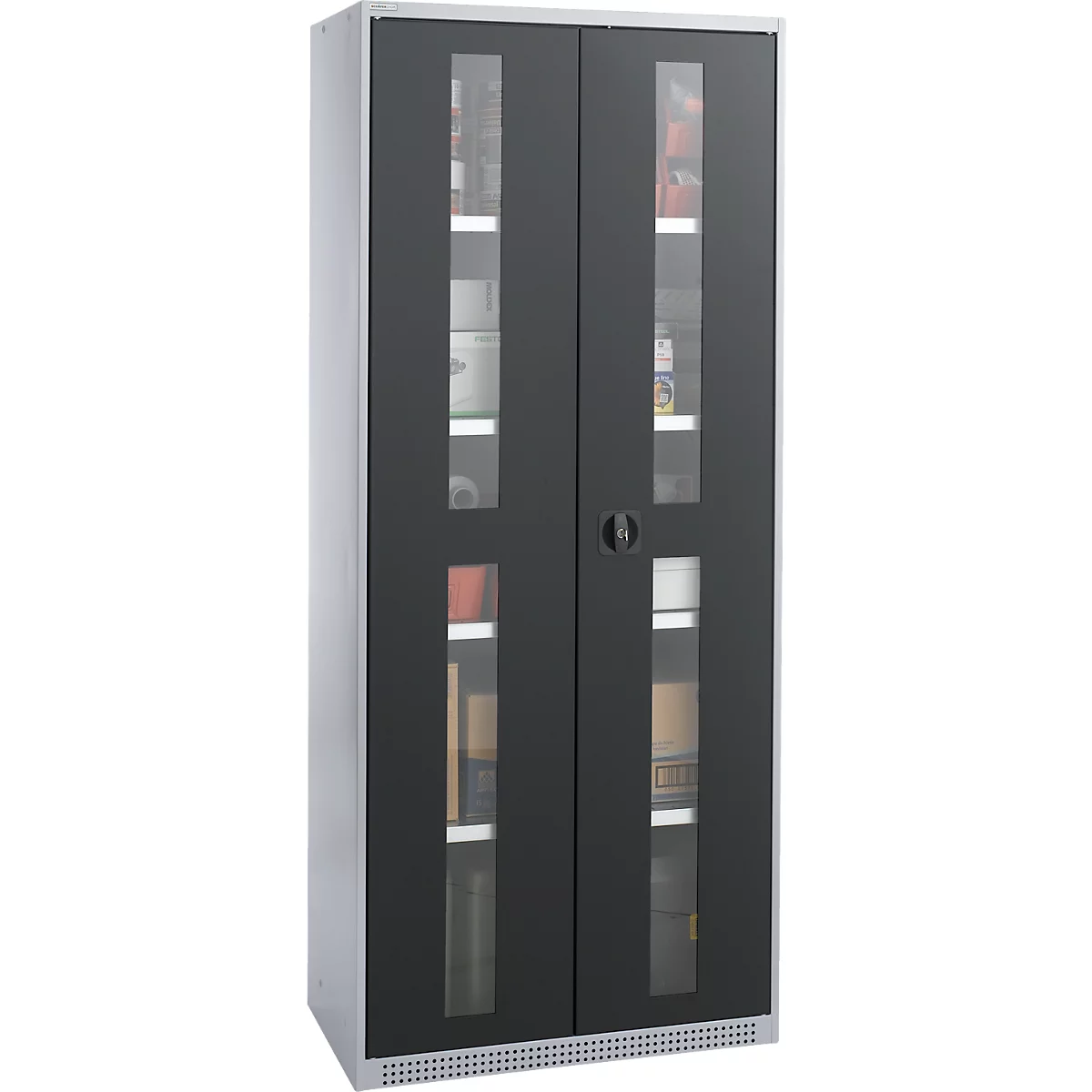 Schäfer Shop Genius metalen materiaalkast FS, met kijkvenster, ventilatiegaten, B 810 x D 520 x H 1950 mm, 5 OH, tot 300 kg, blank alu.kleurig/blank alu.kleurig