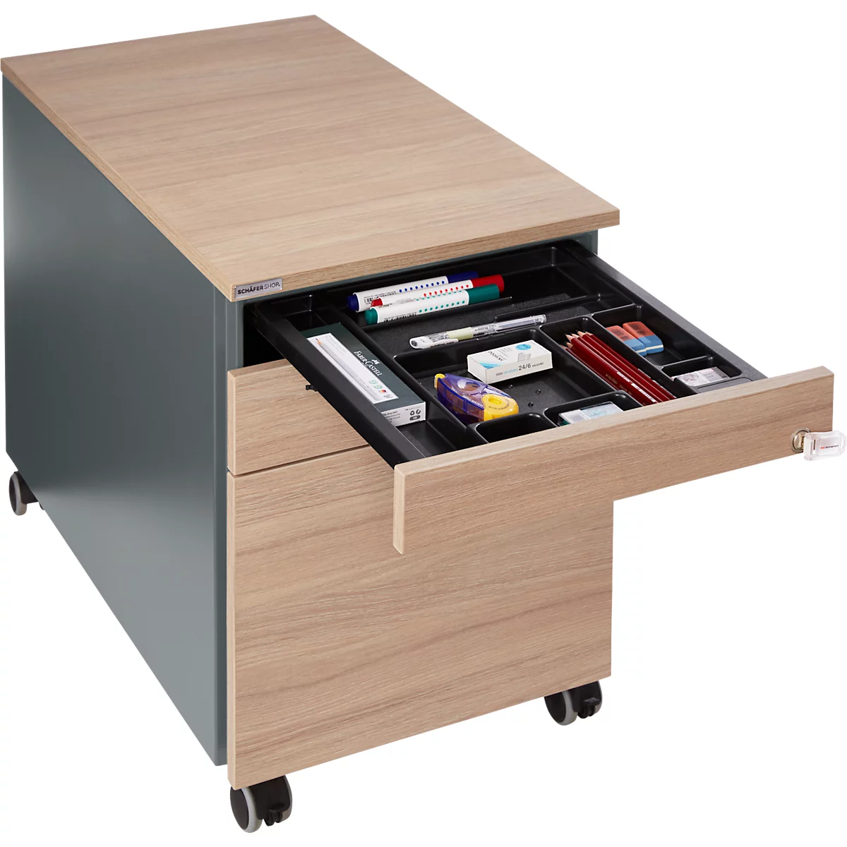 Schäfer Shop Genius mobiele sokkel 126, 1 lade, 1 lade voor keukengerei, 1 lade voor hangmappen, centrale vergrendeling, greepgleuf aan de zijkant, B 435 x D 765 x H 577 mm, antraciet/eiken decor