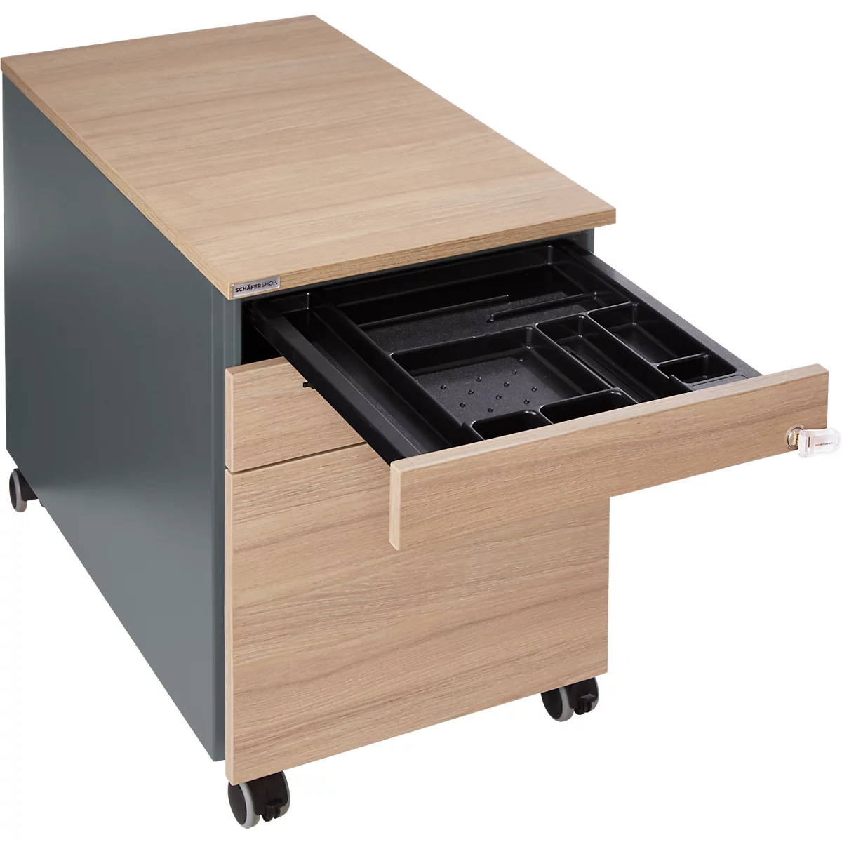 Schäfer Shop Genius mobiele sokkel 126, 1 lade, 1 lade voor keukengerei, 1 lade voor hangmappen, centrale vergrendeling, greepgleuf aan de zijkant, B 435 x D 765 x H 577 mm, antraciet/eiken decor