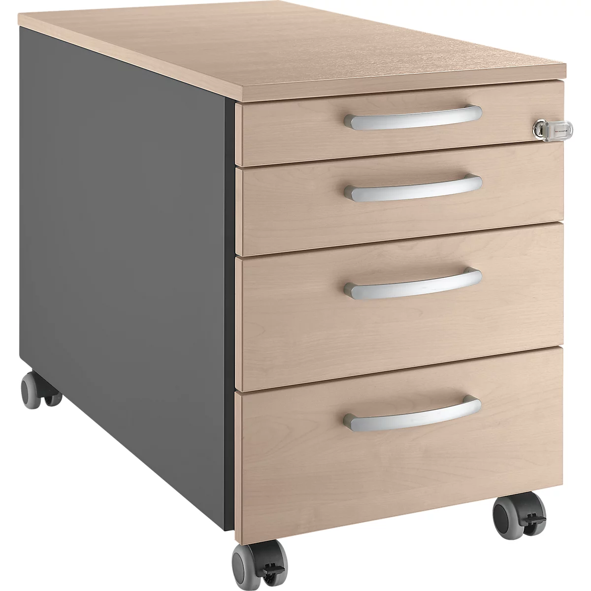 Mobile pedestal with four drawers, wood look and gray side panels, silver handles and castors.