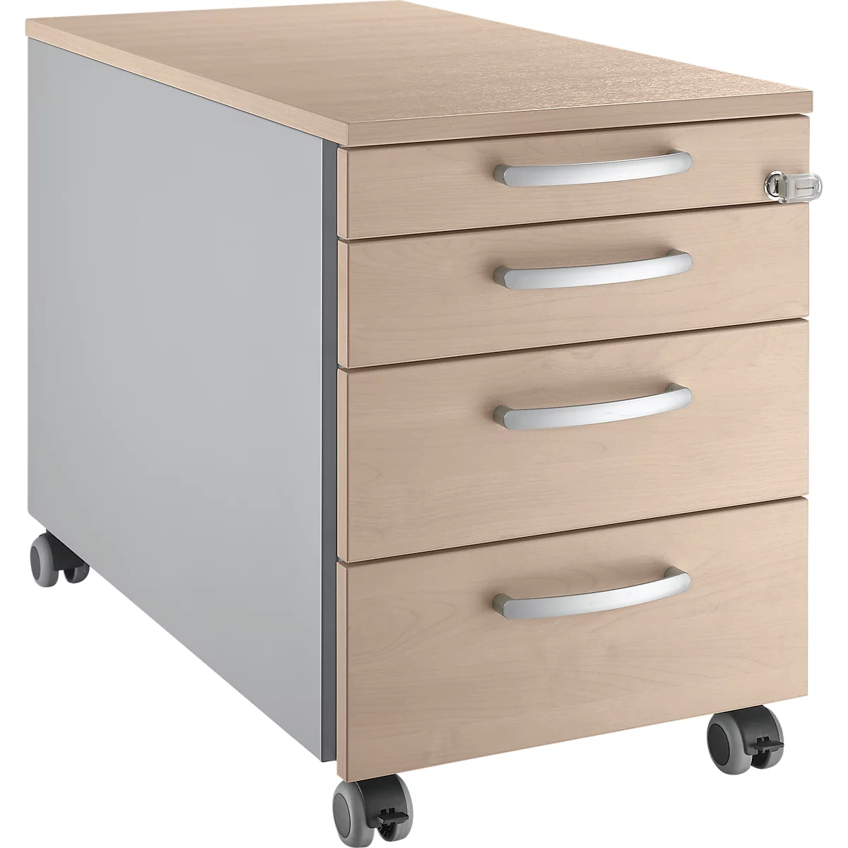 Mobile pedestal with three drawers, light wood, metal handles and lock.