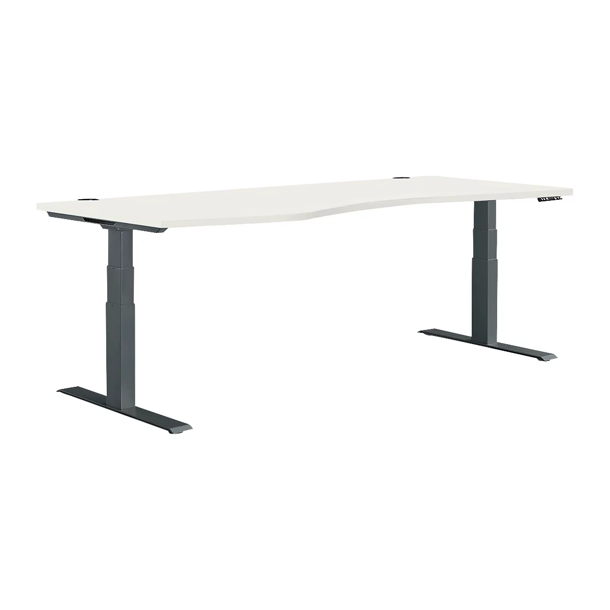 Een witte, ergonomisch gevormde bureau met een grijs frame, dat in hoogte verstelbaar is.