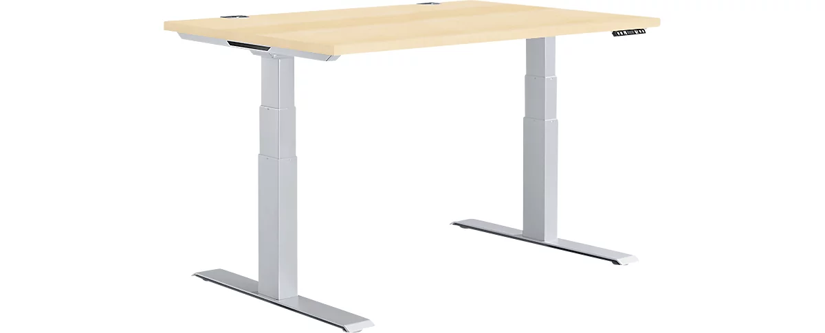 Schäfer Shop Genius MODENA FLEX escritorio, regulable en altura eléctricamente, rectangular, pie en T, ancho 1200 x fondo 800 mm, arce/aluminio blanco