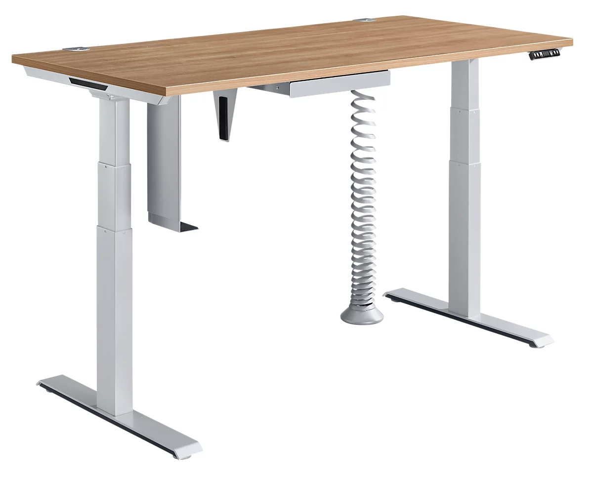 Schäfer Shop Genius MODENA FLEX escritorio, regulable en altura eléctricamente, rectangular, pie en T, ancho 1600 x fondo 800 mm, cerezo Romana/aluminio blanco