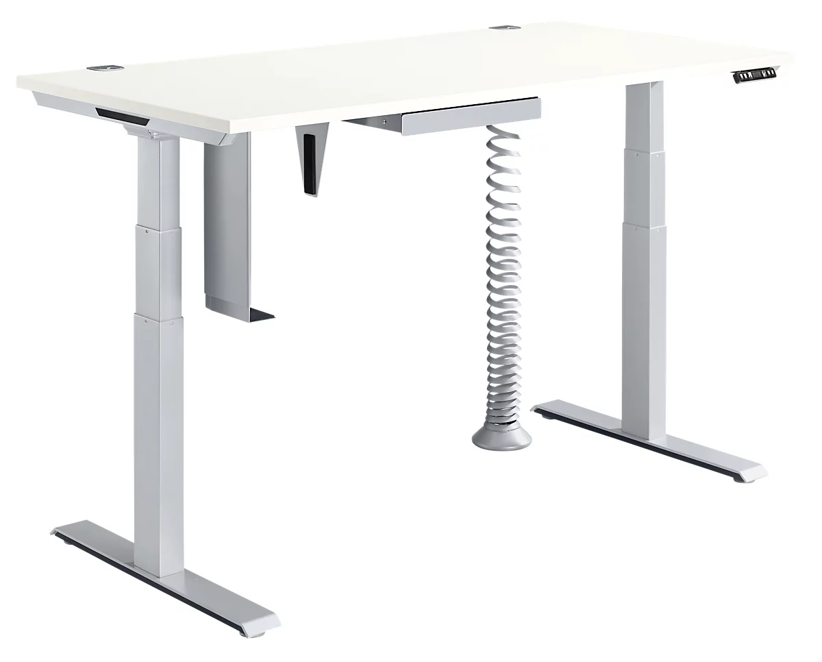 Schäfer Shop Genius MODENA FLEX escritorio, regulable en altura eléctricamente, rectangular, pie en T, ancho 1600 x fondo 800 x alto 645-1290 mm, aluminio blanco/blanco