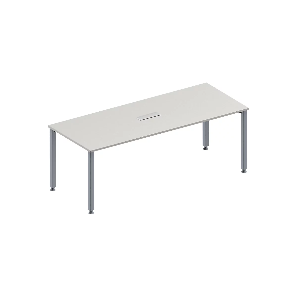White, rectangular conference table with gray legs and an integrated power outlet.