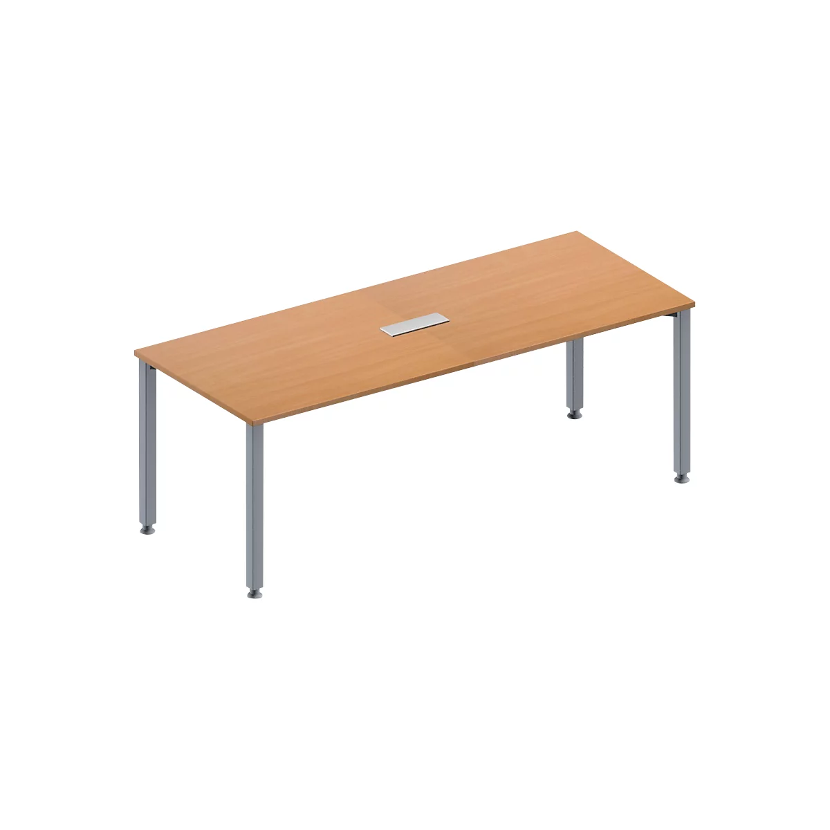 Rectangular office desk, light brown tabletop, gray legs with adjustable feet. In the middle of the tabletop is a recess.