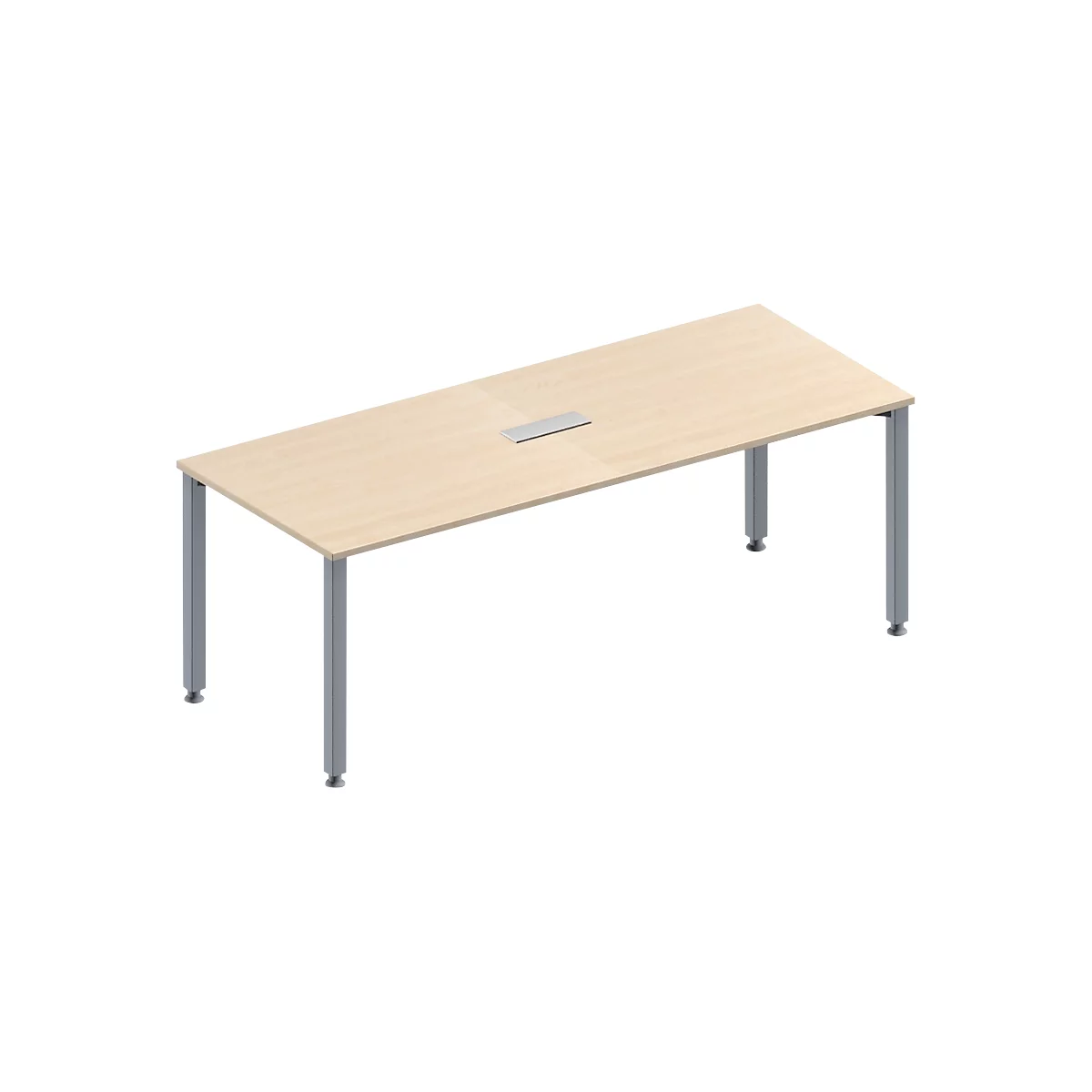 A rectangular, beige conference table with silver legs. There is a silver recess on the table top.
