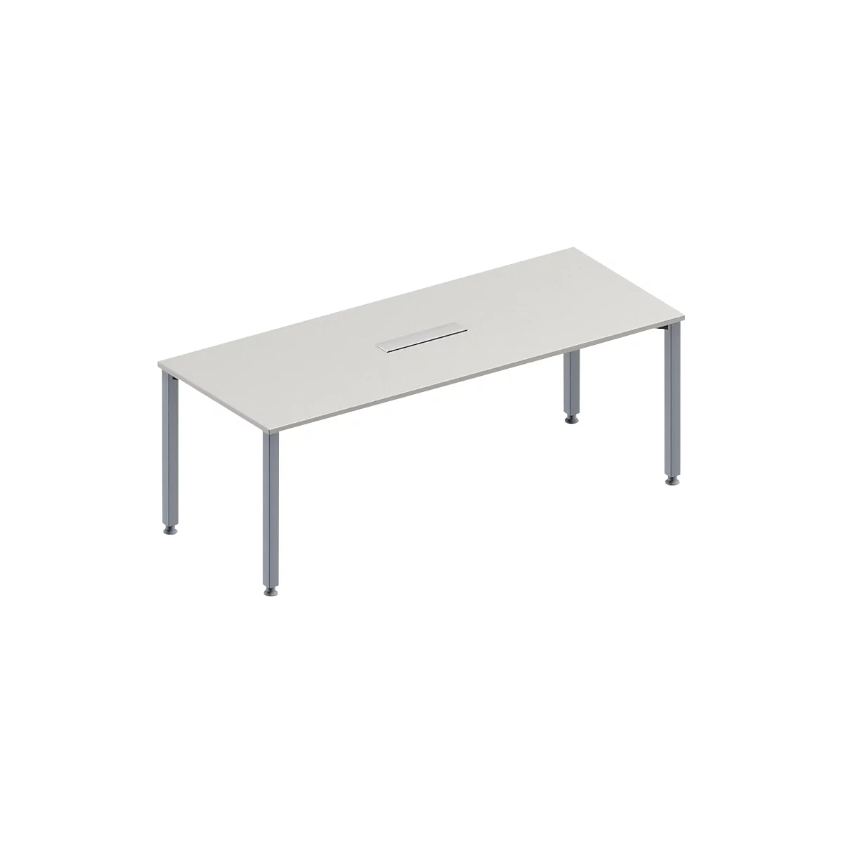 Rectangular, light-colored conference table with four gray legs and a recessed area for cables.