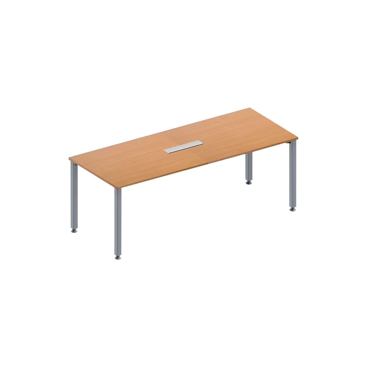 A rectangular, light brown conference table with silver legs and a silver recess in the middle.