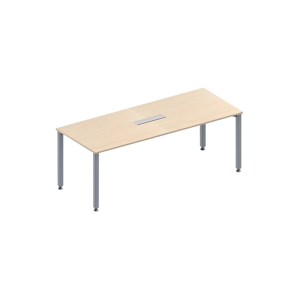 Rectangular table, light wood top, gray metal legs, and a rectangular recess in the middle.