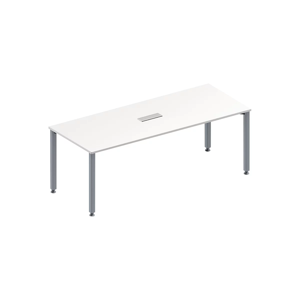 White table with gray legs and a recessed metal piece in the middle.