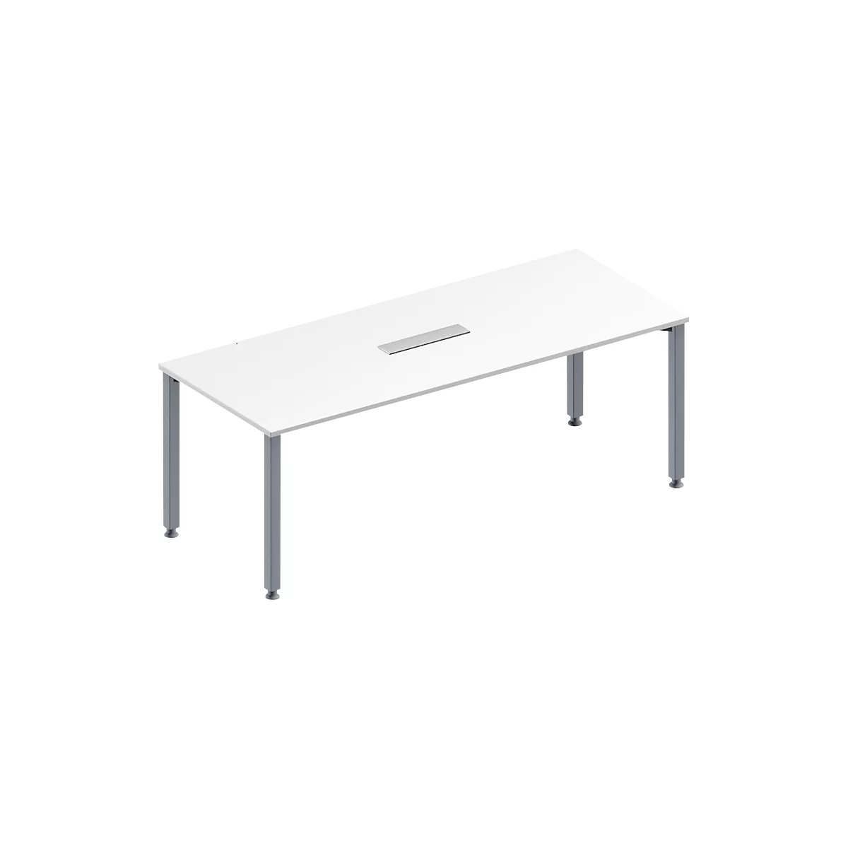 A white conference table with a gray frame. A rectangular, silver recess is set into the tabletop.