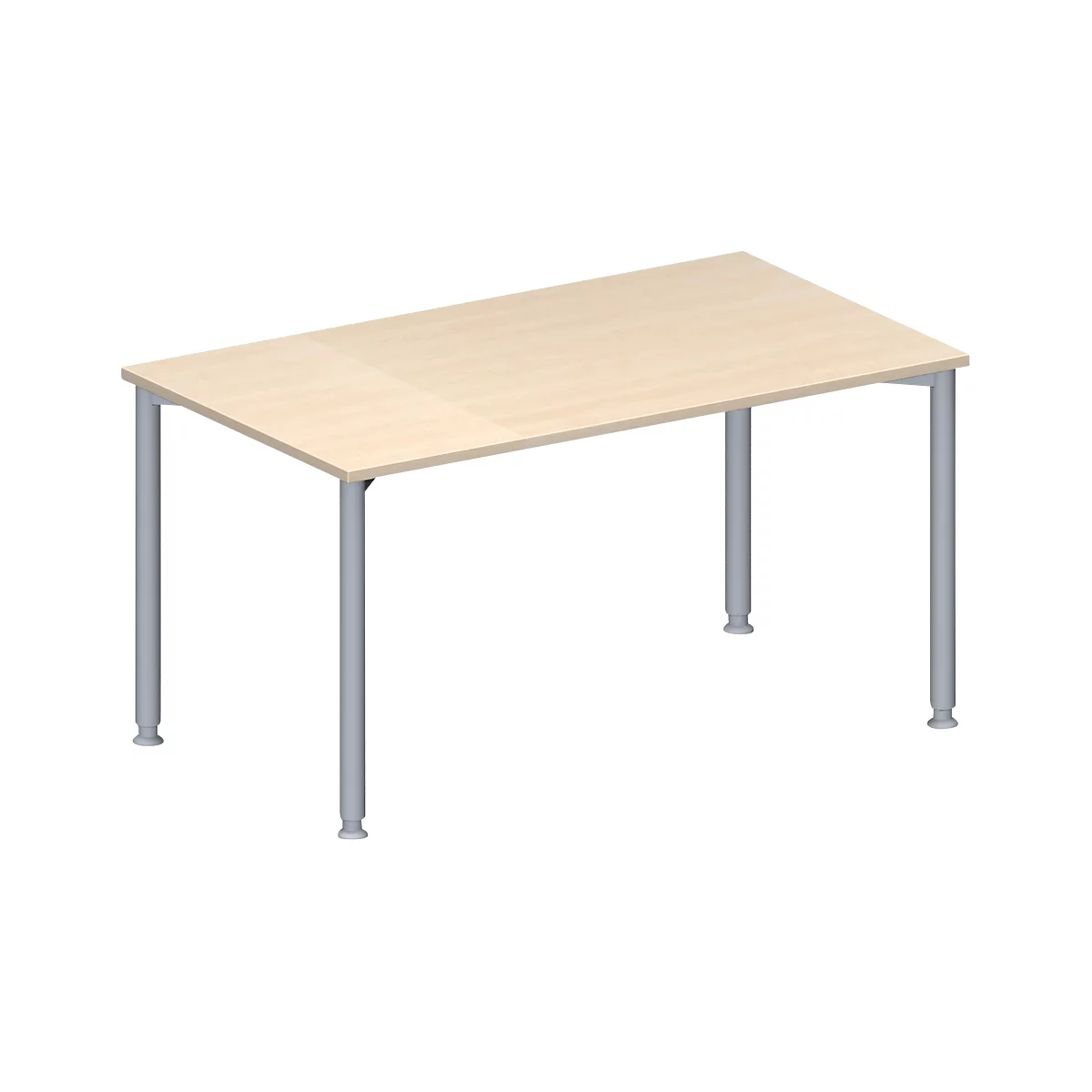 A rectangular table with a light brown tabletop and gray, cylindrical legs.
