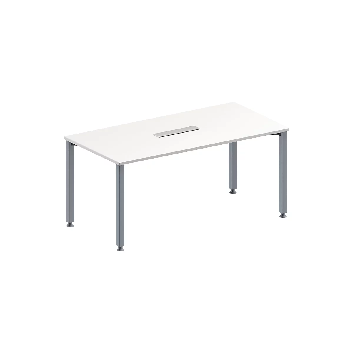 White, rectangular conference table with silver legs and a rectangular recess in the middle of the table.