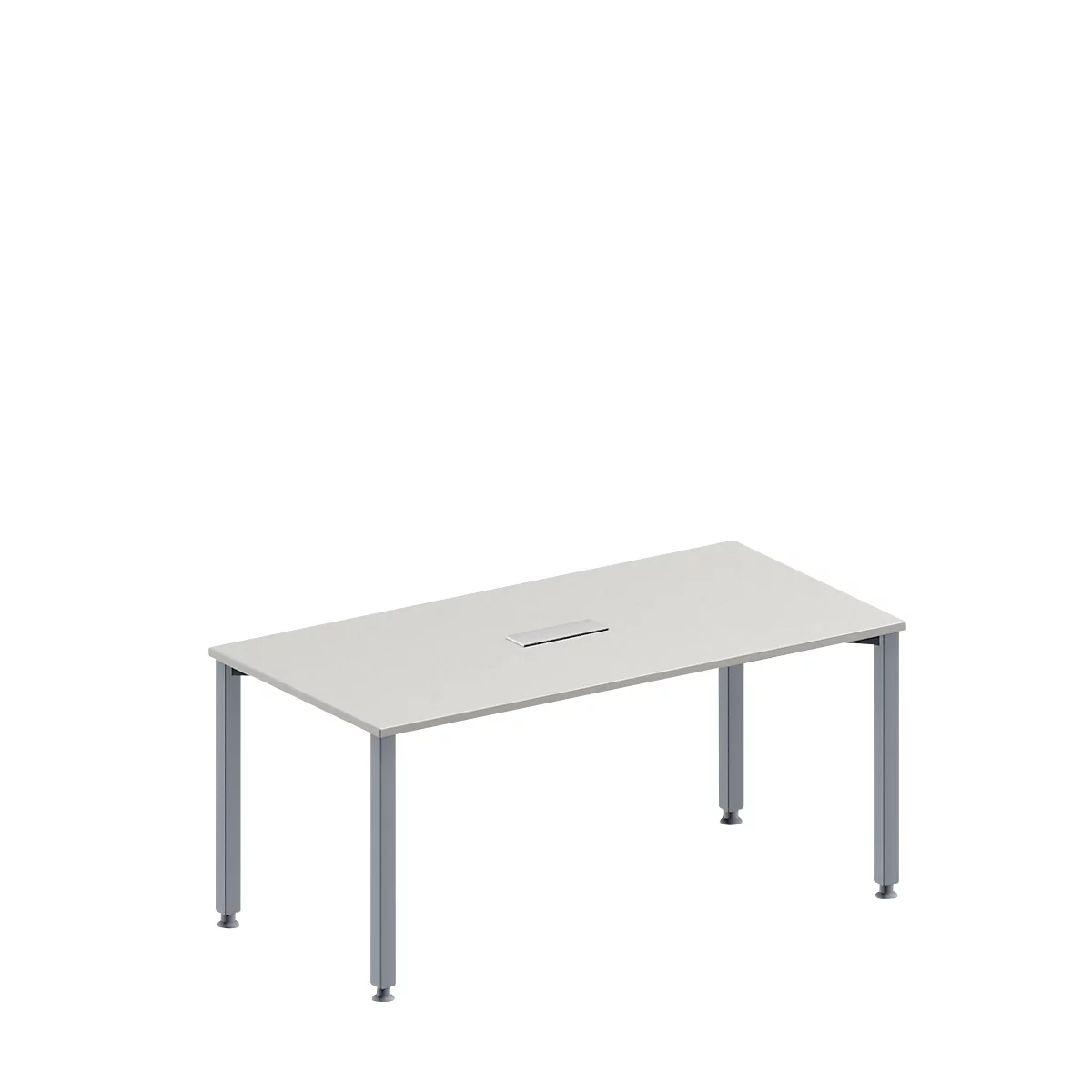 A rectangular conference table in light gray with gray legs, a slot in the middle.