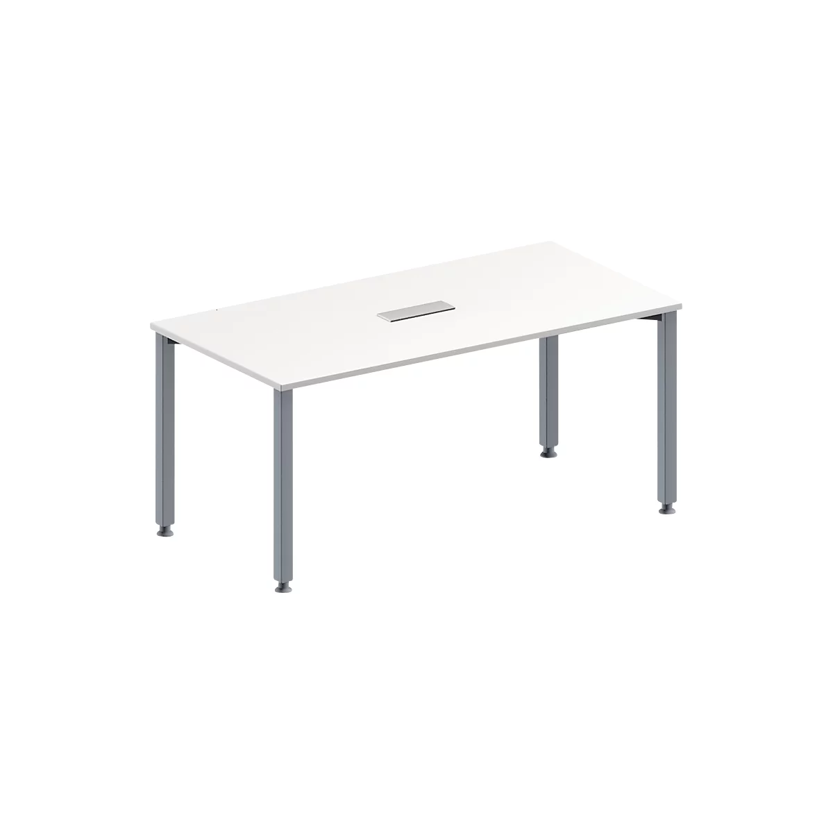 White table with silver legs and a power outlet in the middle.