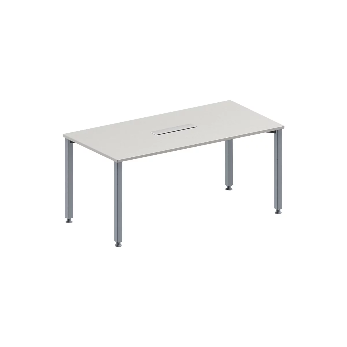 Rectangular table with a light gray table top and silver legs, a long metal opening in the center.