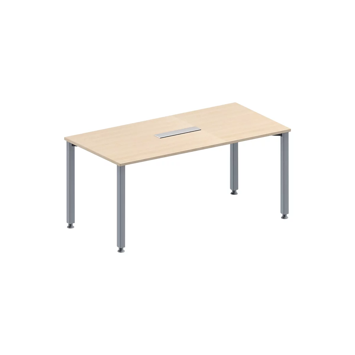 Rectangular, light brown table with silver-gray legs. There is a rectangular recess in the table top.