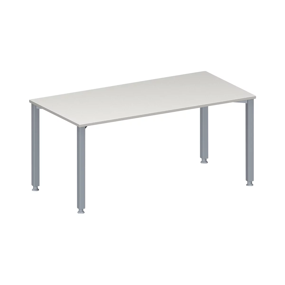 White table with gray legs. Rectangular tabletop. 4 legs.