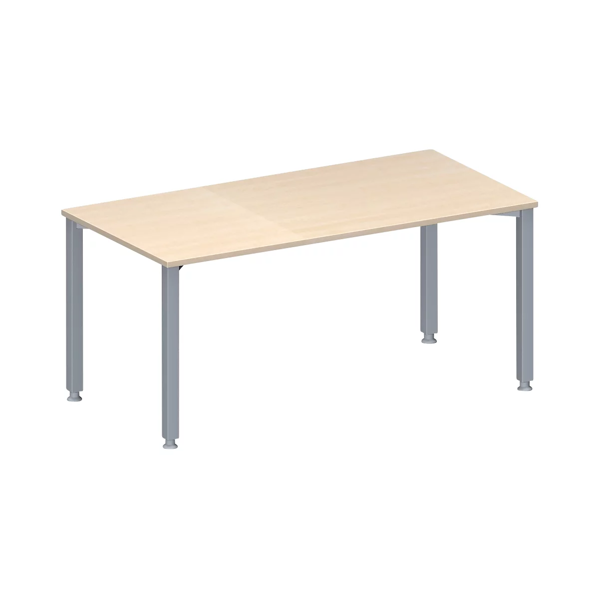 Beige table top, silver table legs. A rectangular table with four legs.