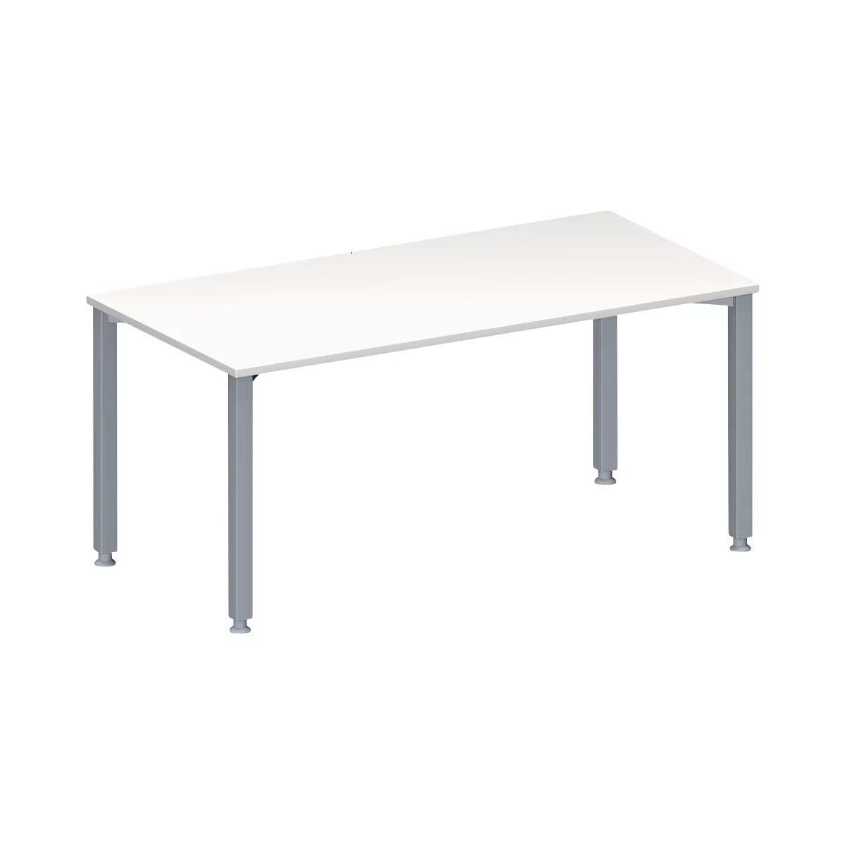 White office table with gray legs, perspective from above.