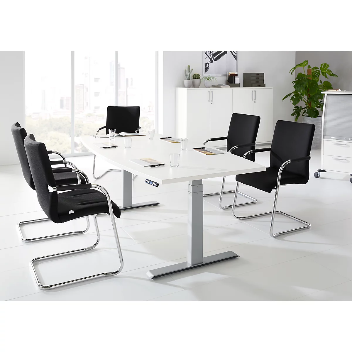 Schäfer Shop Genius MODENA FLEX vergadertafel, bootvorm, hoogte elektrisch verstelbaar, T-poot, B 2000 x D 800/1000 mm, wit 