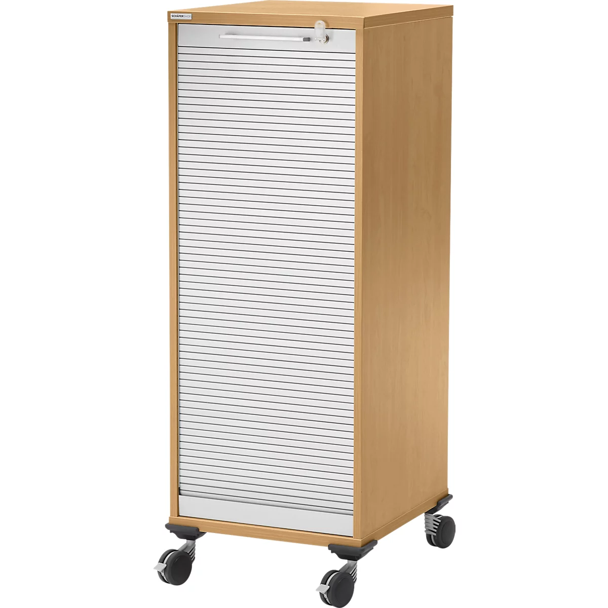 Schäfer Shop Genius Multimobil, B 450 x D 500 x H 1220 mm, kunststof rolluik, met wielen, afsluitbaar, beukenhout
