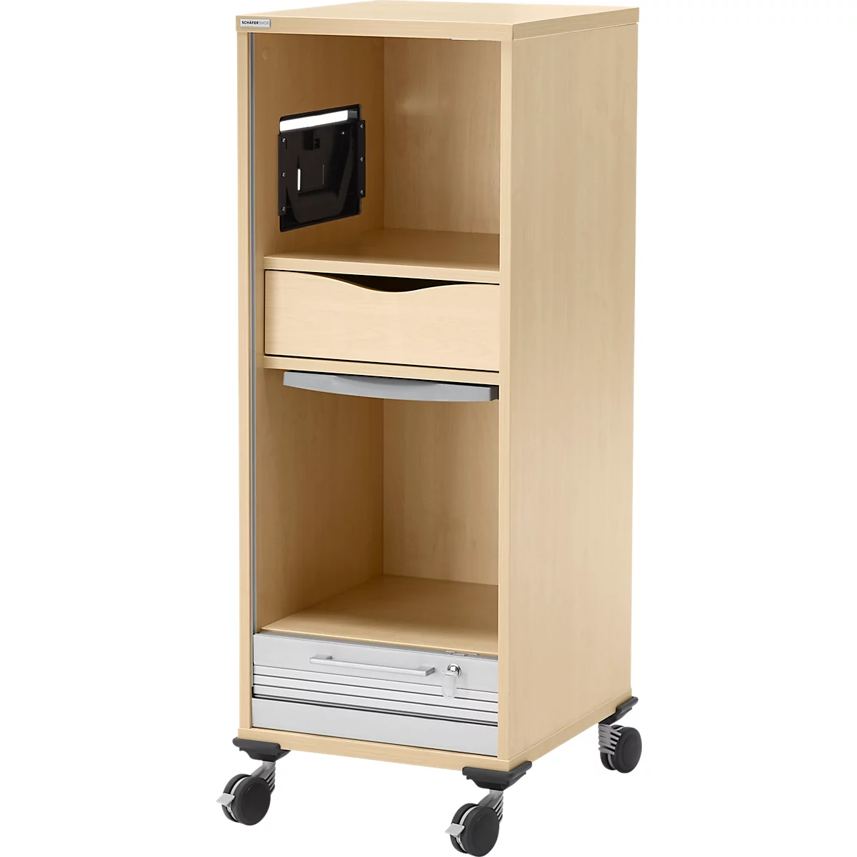 Schäfer Shop Genius Multimobil, B 450 x D 500 x H 1220 mm, kunststof rolluik, met wielen, afsluitbaar, esdoorn
