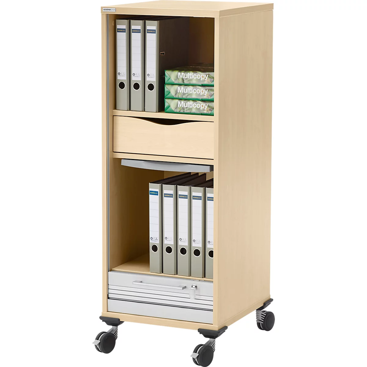 Schäfer Shop Genius Multimobil, B 450 x D 500 x H 1220 mm, kunststof rolluik, met wielen, afsluitbaar, esdoorn