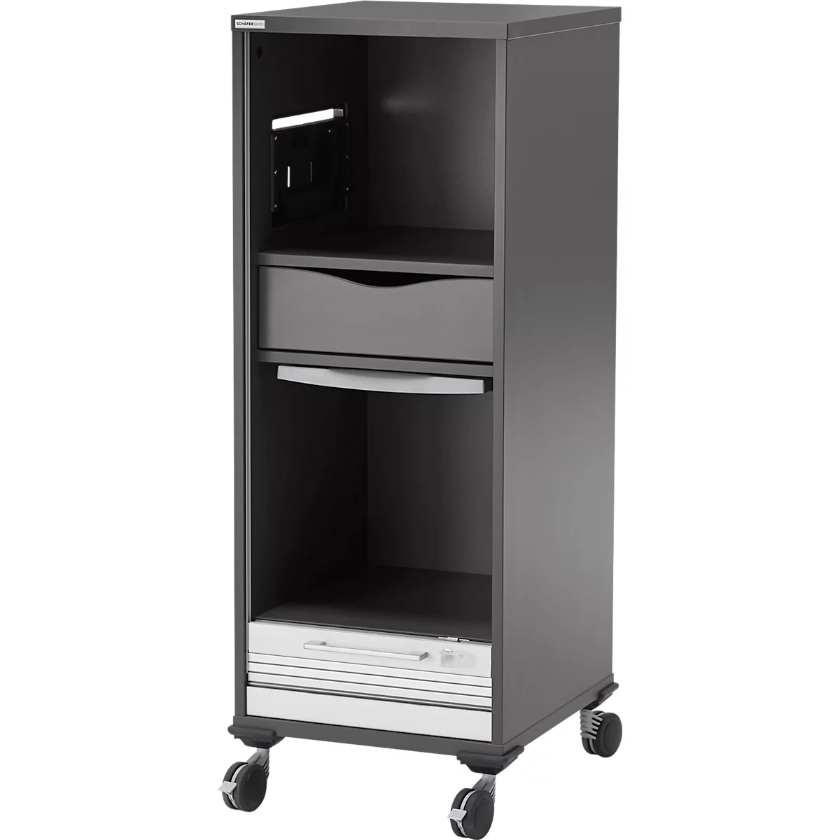Schäfer Shop Genius Multimobil, B 450 x D 500 x H 1220 mm, kunststof rolluik, met wielen, afsluitbaar, grafiet