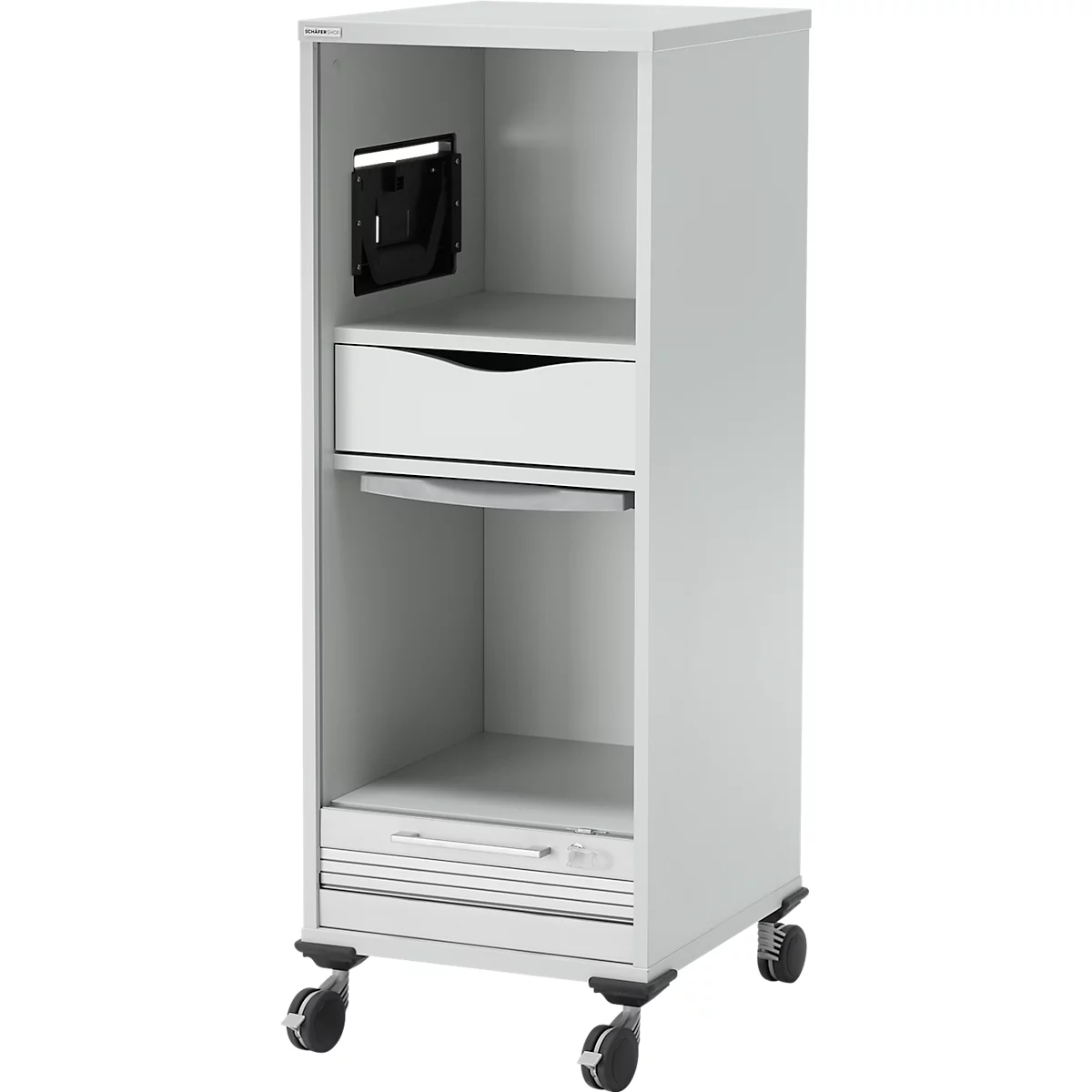 Schäfer Shop Genius Multimobil, B 450 x D 500 x H 1220 mm, kunststof rolluik, met wielen, afsluitbaar, lichtgrijs