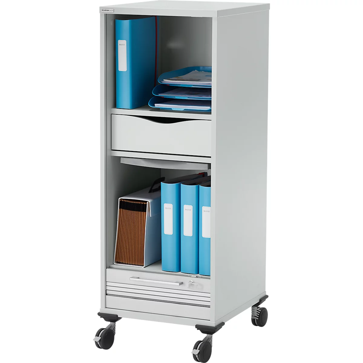 Schäfer Shop Genius Multimobil, B 450 x D 500 x H 1220 mm, kunststof rolluik, met wielen, afsluitbaar, lichtgrijs