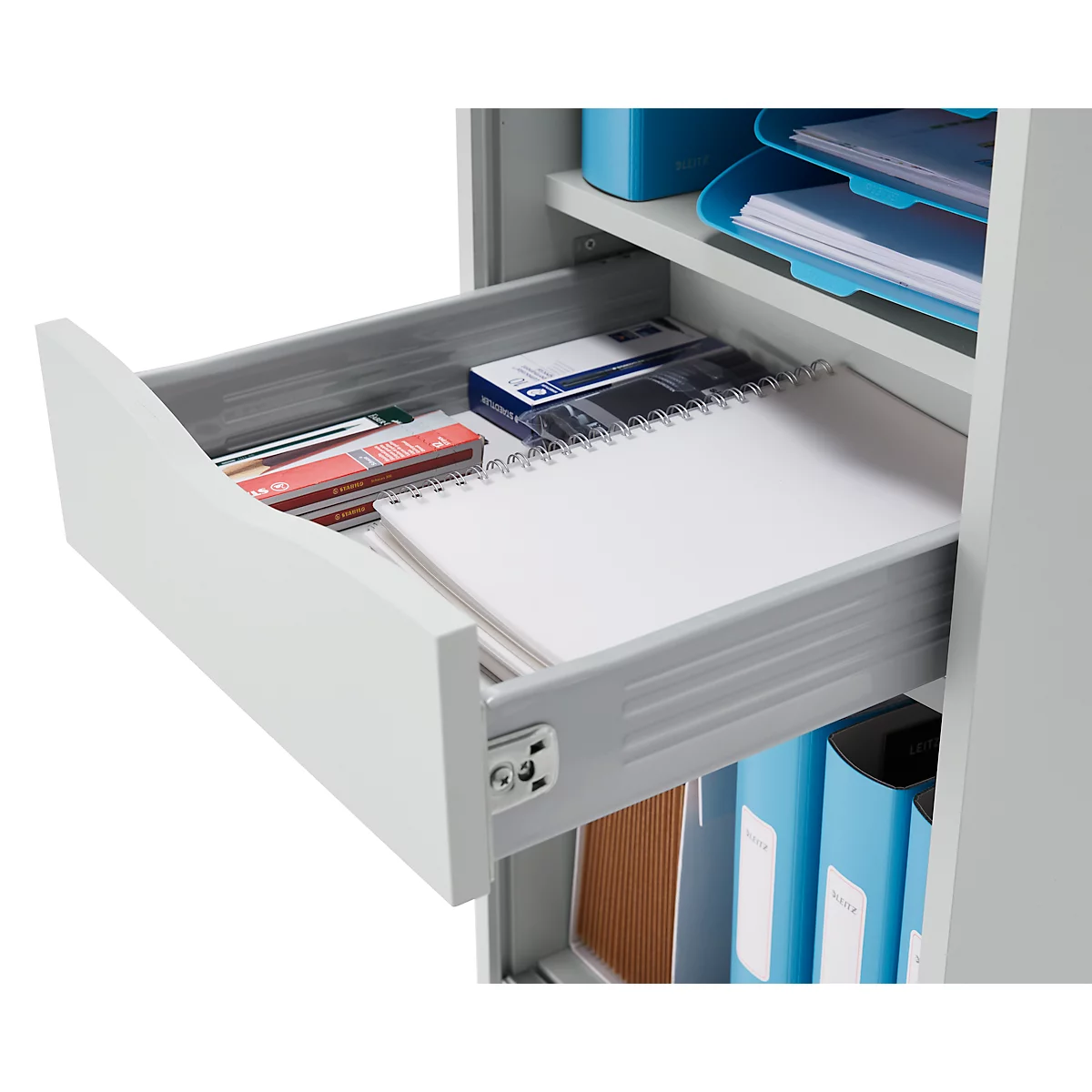 Schäfer Shop Genius Multimobil, B 450 x D 500 x H 1220 mm, kunststof rolluik, met wielen, afsluitbaar, lichtgrijs