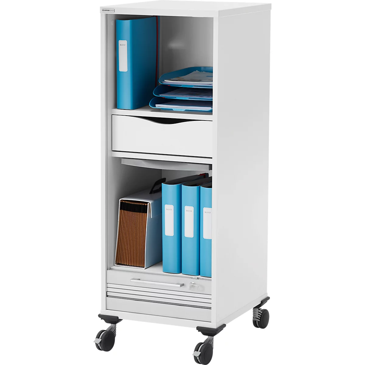 Schäfer Shop Genius Multimobil, B 450 x T 500 x H 1220 mm, Kunststoffrollladen, mit Rollen, abschliessbar, weiss