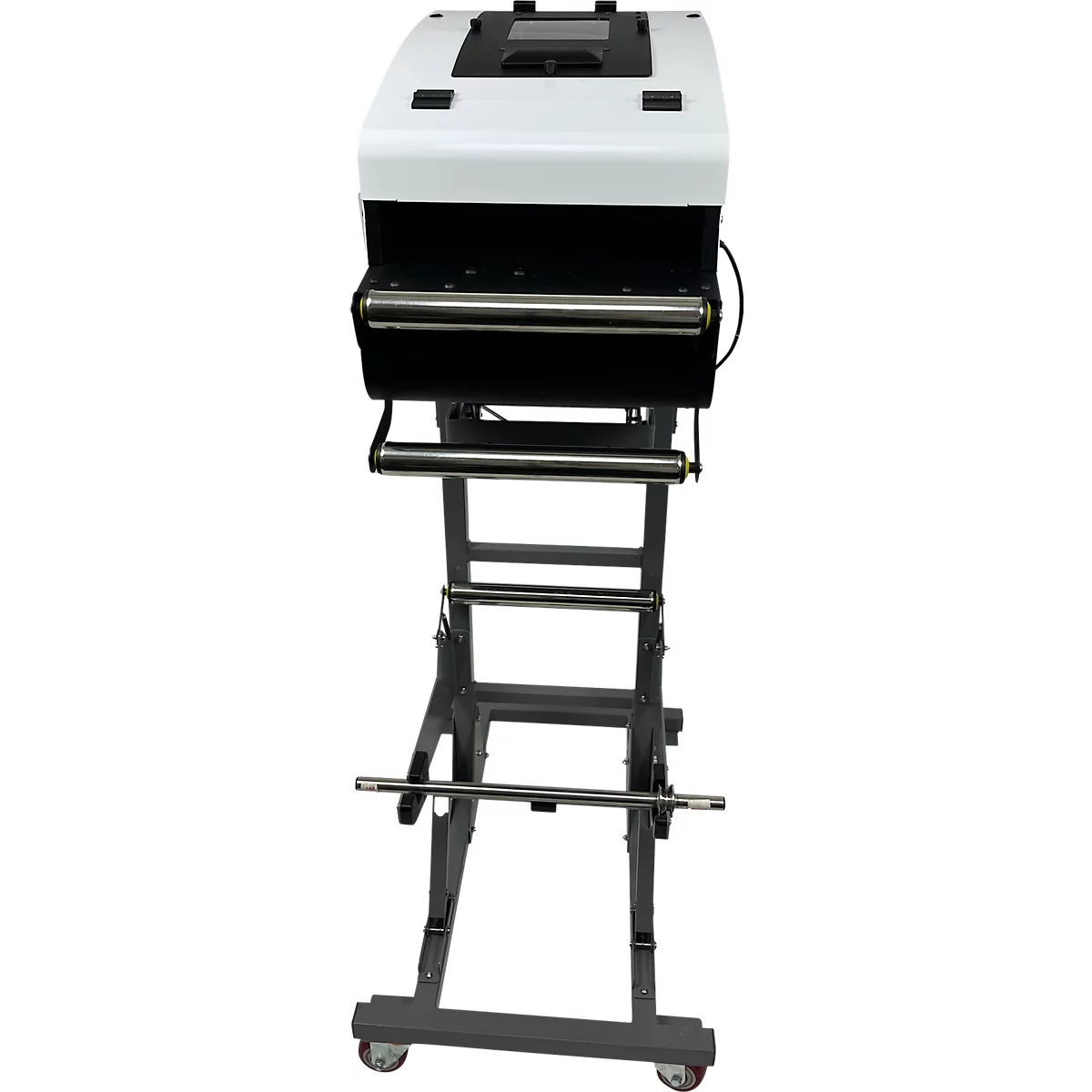 Industriële verpakkingsmachine met rollen. Het bovenste deel is wit, het onderste zwart, op een grijs frame met rollen.