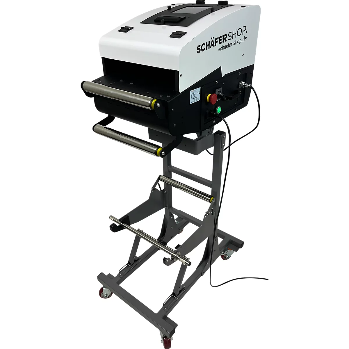 Verpakkingsmachine met "SCHÄFERSHOP" logo, witte behuizing, grijs frame met rollen, klaar om te verpakken.
