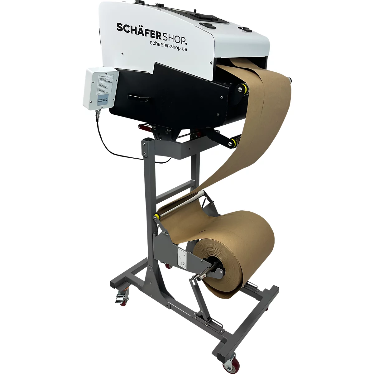 Papierverpakkingsmachine, bruin papier wordt afgerold, Schäfer Shop logo.