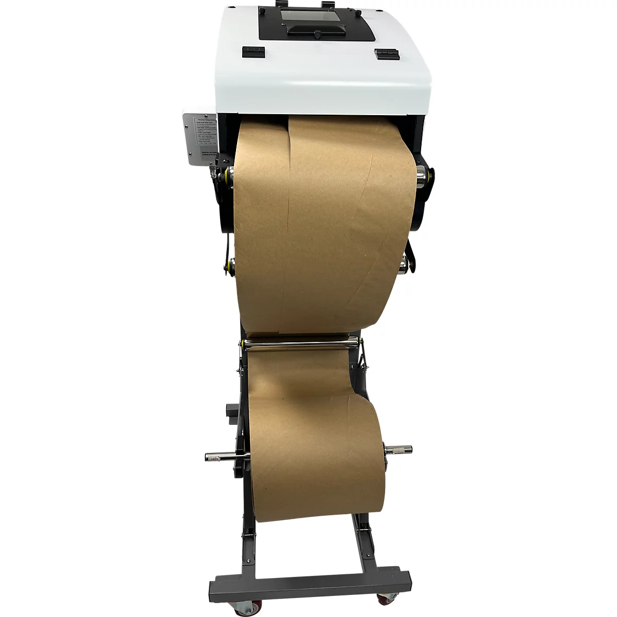 Papierverpakkingsmachine met papieren rol. Gemonteerd op rolwagen.
